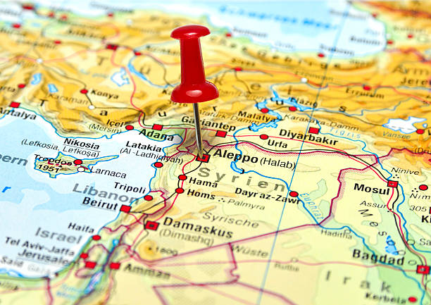 Map of Syria with pin set on Aleppo. Syria conflict.